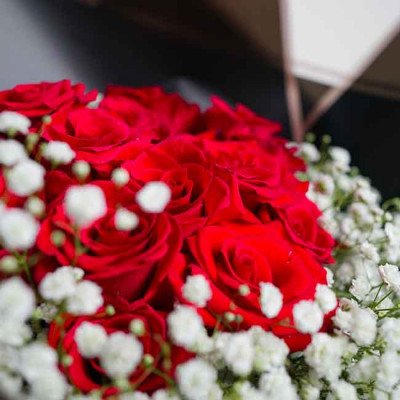 A bouquet of 99 red roses with baby's breath.