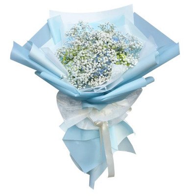 Blue and white baby's breath bouquet with hydrangea and light blue wrapping paper.