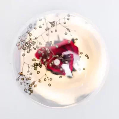 A rose and baby's breath are encapsulated in a clear sphere, appearing as a diffuser night light.