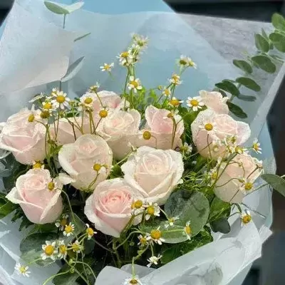 Bouquet of pale pink roses and small white flowers.