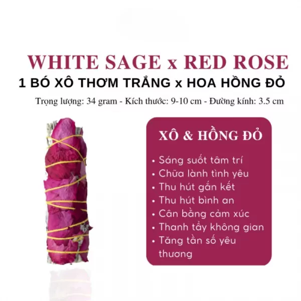 White sage and red rose smudge stick with Vietnamese text describing its benefits.