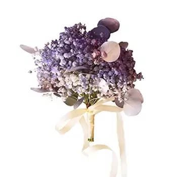 Purple and white baby's breath bouquet with eucalyptus leaves and a cream ribbon.