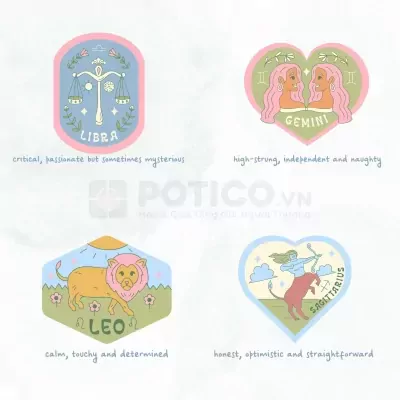 Zodiac designs: Libra, Gemini, Leo, Sagittarius with descriptions on a white background.