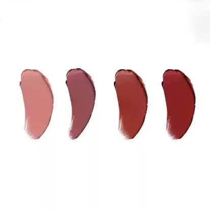 Four lipstick swatches in shades of pink, berry, terracotta, and deep red.