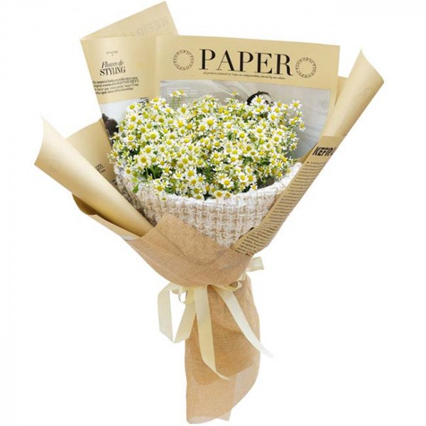 Bouquet of small white daisies with yellow centers, wrapped in beige paper and white tweed fabric.
