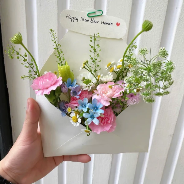 A hand holds a flower arrangement in an envelope-shaped card with a "Happy New Year Homie" message.