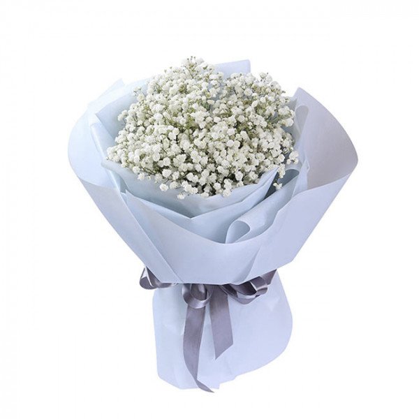 A light blue bouquet of baby's breath flowers wrapped in light blue paper and tied with a grey ribbon.
