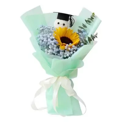 Sunflower and baby's breath bouquet with graduation cap plush toy.