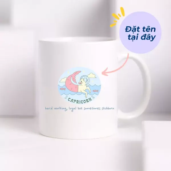 White ceramic mug with Capricorn zodiac design and personalized text.