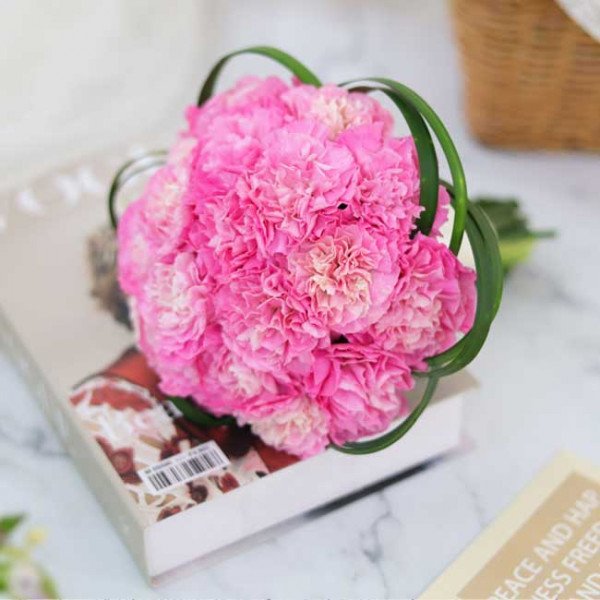 Pink carnation bridal bouquet on a book.