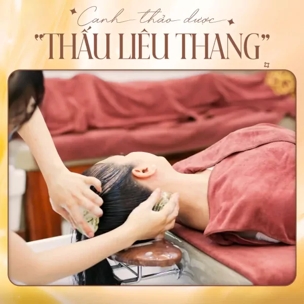 Hands massaging a person's head with herbal hair wash.