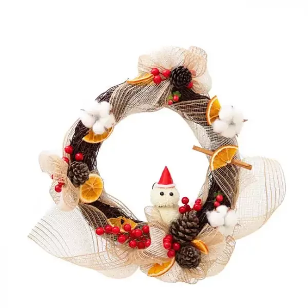 Christmas wreath with pine cones, dried oranges, cinnamon, cotton balls, and a snowman ornament.