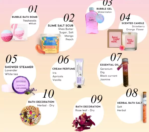 Holiday Cheer gift set featuring bath bombs, scrubs, candles, and other self-care items.
