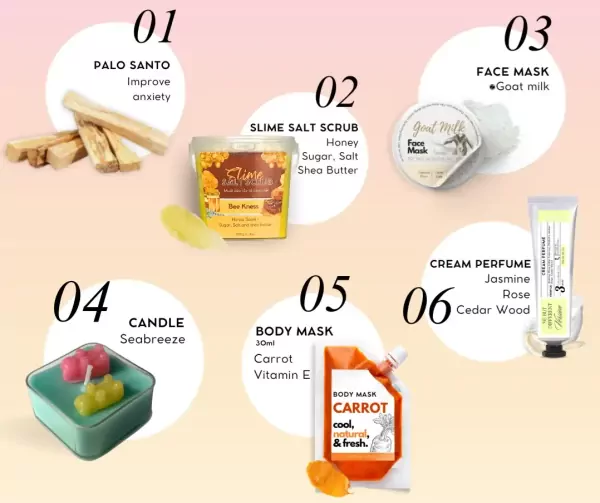 Gift set with Palo Santo, salt scrub, face mask, candle, body mask, and cream perfume.