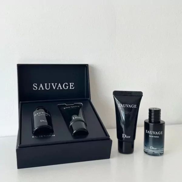 Dior Sauvage EDP mini gift set with eau de parfum and shower gel in black packaging.