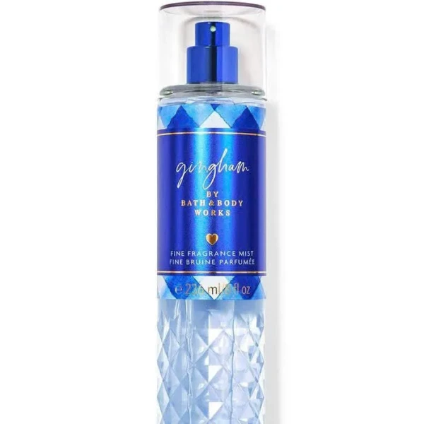 Bath & Body Works Gingham fine fragrance mist in a blue checkered bottle.