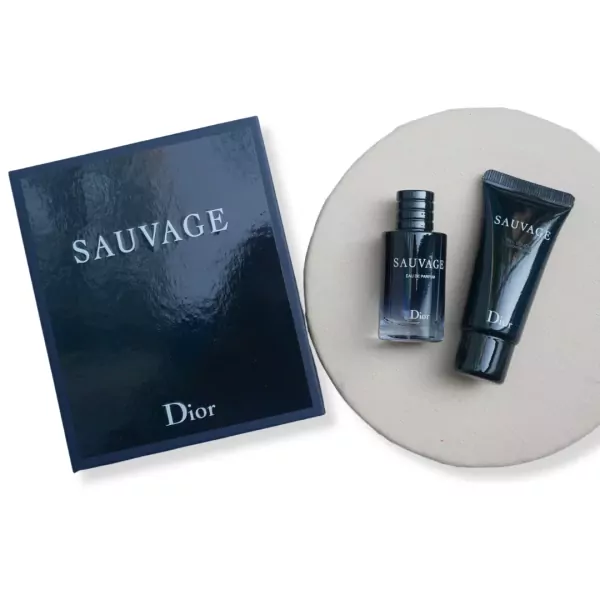 Dior Sauvage EDP mini bottle and shower gel with a box.