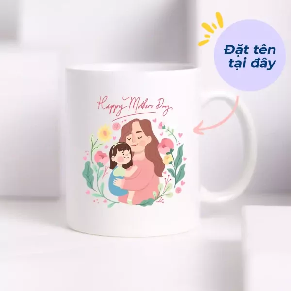 White ceramic mug with "Happy Mother's Day" and illustration of mother and child.