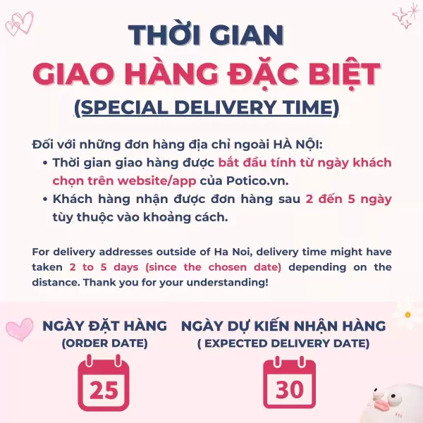 "Special Delivery Time" information in Vietnamese and English, featuring calendar icons for order and expected delivery dates.