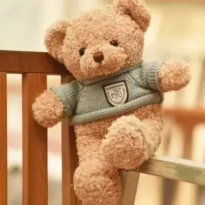 A light brown teddy bear wearing a light blue sweater sits on a wooden railing.