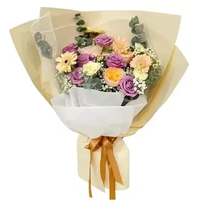 Bouquet with purple, pink, and yellow roses, white carnations, and baby's breath.