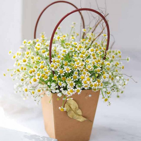 Basket of white and yellow chamomile flowers with baby's breath in a brown paper bag.