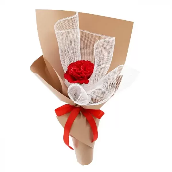 A single red rose in a brown paper bouquet with white mesh and a red ribbon.