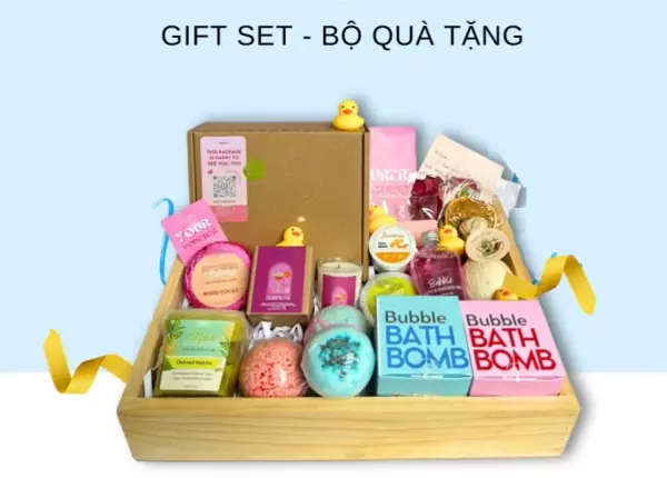 A gift basket overflowing with bath bombs, candles, and skincare products.