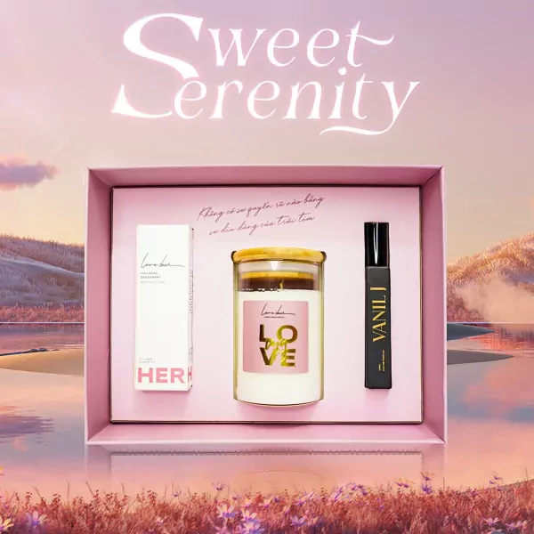 Sweet Serenity gift set with candle, perfume, and deodorant in a pink box.