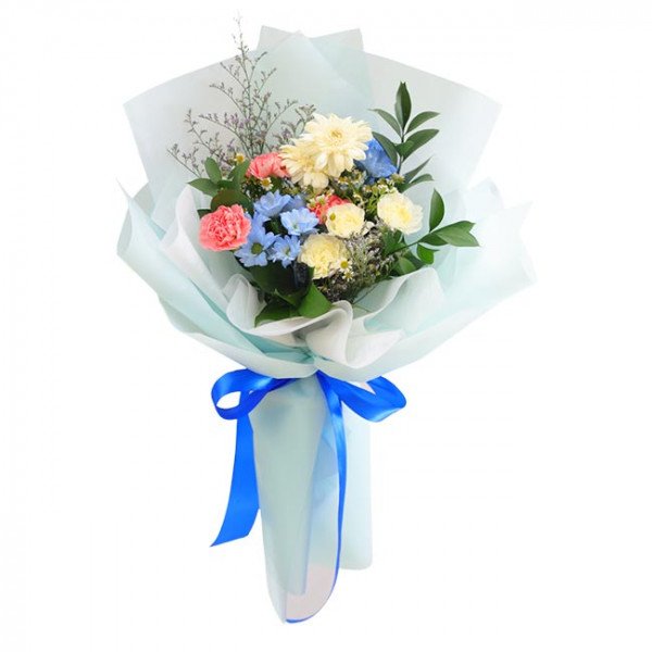 Bouquet of light blue, pink, and white flowers with a blue ribbon.