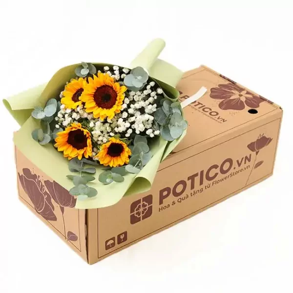 Sunflower bouquet with baby's breath and greenery in a box.