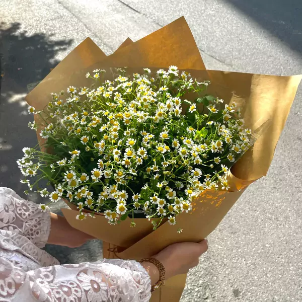 Bouquet of white and yellow chamomile flowers wrapped in brown paper.
