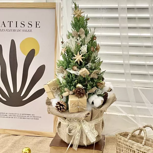 Decorated pine tree with pinecones, gifts, and bows in a burlap pot.
