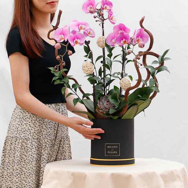 Woman holding a black box with purple orchids and decorative balls.