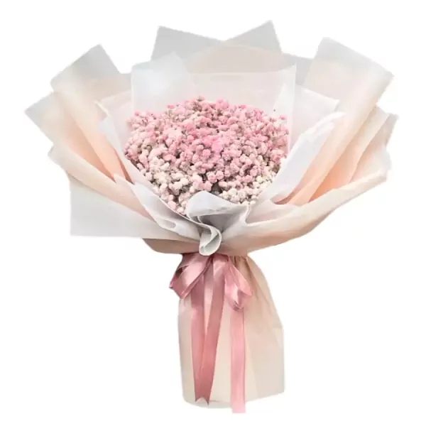 Pink baby's breath bouquet wrapped in sheer paper with a pink ribbon.