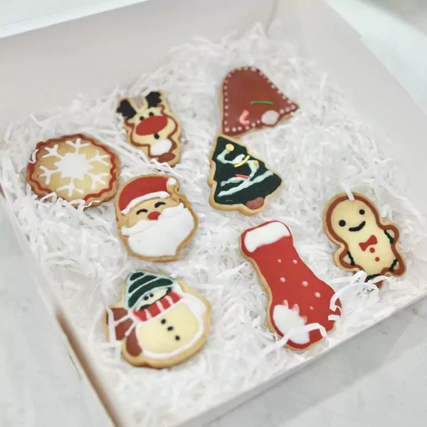 Christmas cookies in gift box: Santa, snowman, reindeer, tree, stocking, bell, snowflake, gingerbread man.