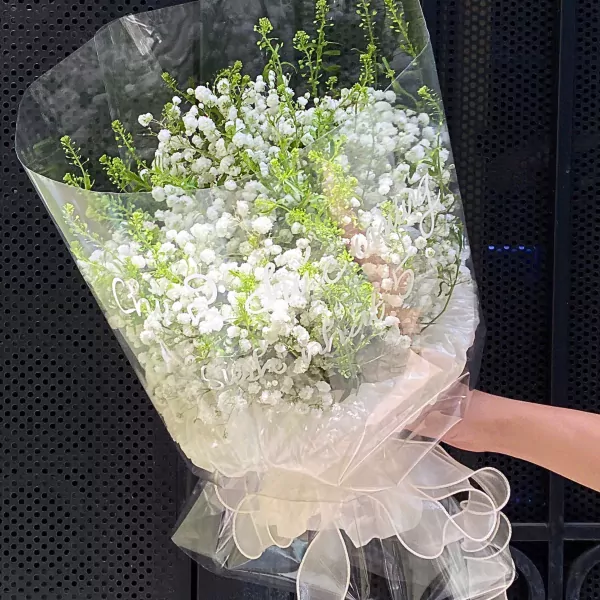White baby's breath bouquet wrapped in clear plastic with a cream ribbon.