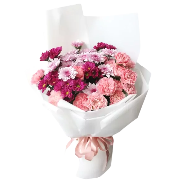 Bouquet of pink and magenta carnations and chrysanthemums in white paper, tied with a pink ribbon.