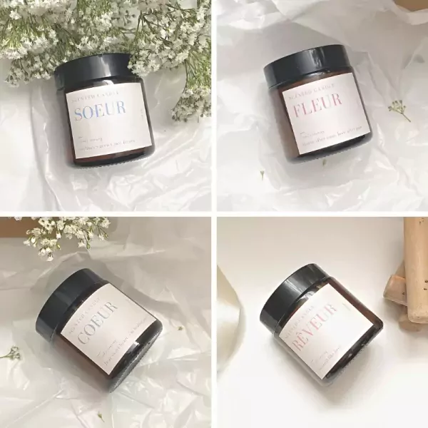 Four scented candles with French labels: Soeur, Fleur, Coeur, and Rêveur.