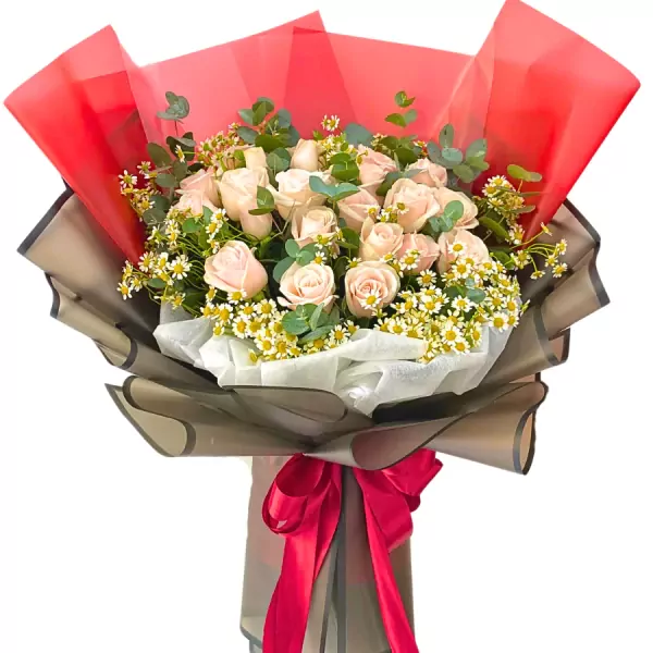Bouquet of pale pink roses, chamomile, and eucalyptus with red and gray wrapping.