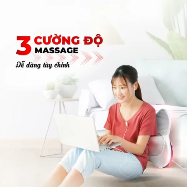 Woman with laptop uses a multi-purpose back massager, highlighting 3 massage intensities.