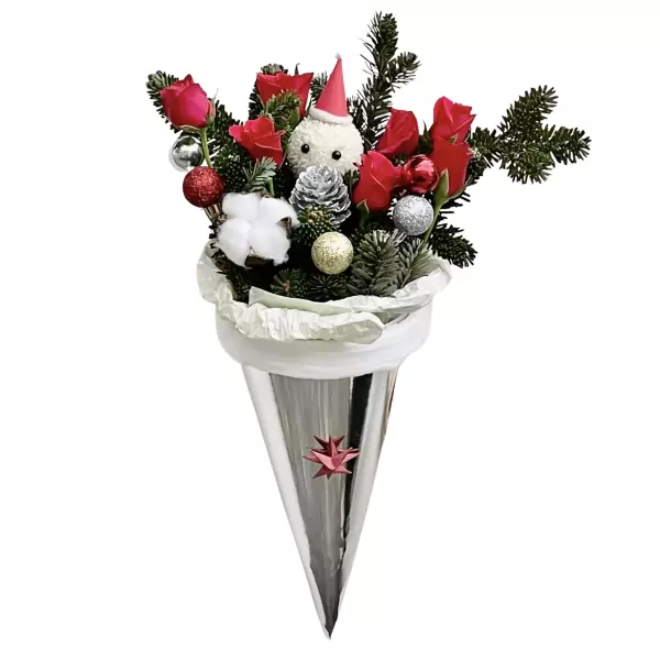 Christmas bouquet in a silver cone, featuring red roses, pine sprigs, and festive ornaments.