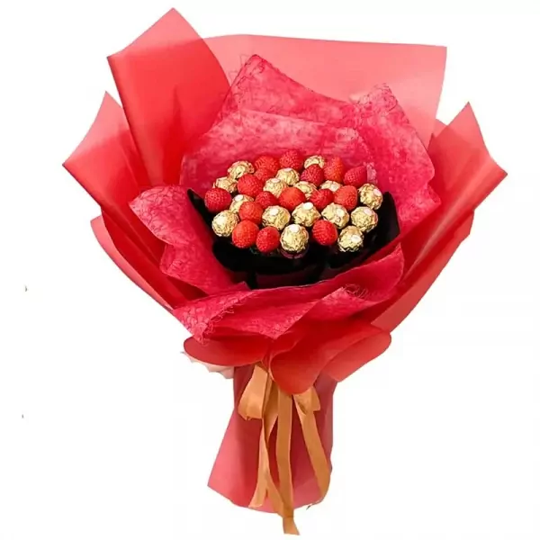 Chocolate and strawberry bouquet in red paper wrapping.