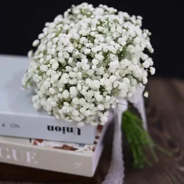 Wedding bouquet of white baby's breath flowers with white lace ribbon.