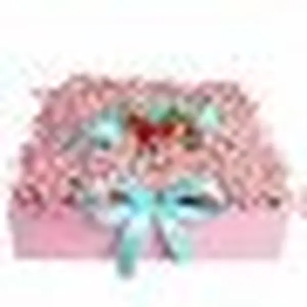 Pink baby's breath and strawberries in a pink box with light blue bows.