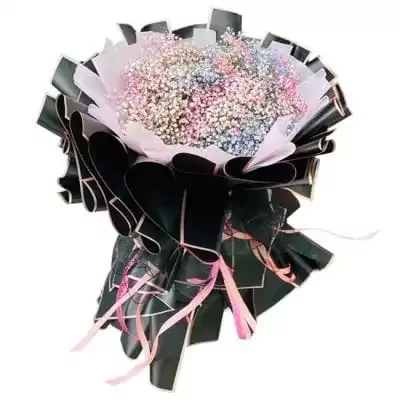 A large bouquet of rainbow-colored baby's breath flowers in black and pink wrapping.