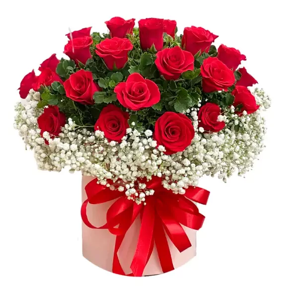 Box of red roses and baby's breath with red ribbon.