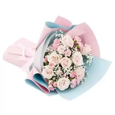 Bouquet of pink and white roses with baby's breath, wrapped in pink and blue paper.
