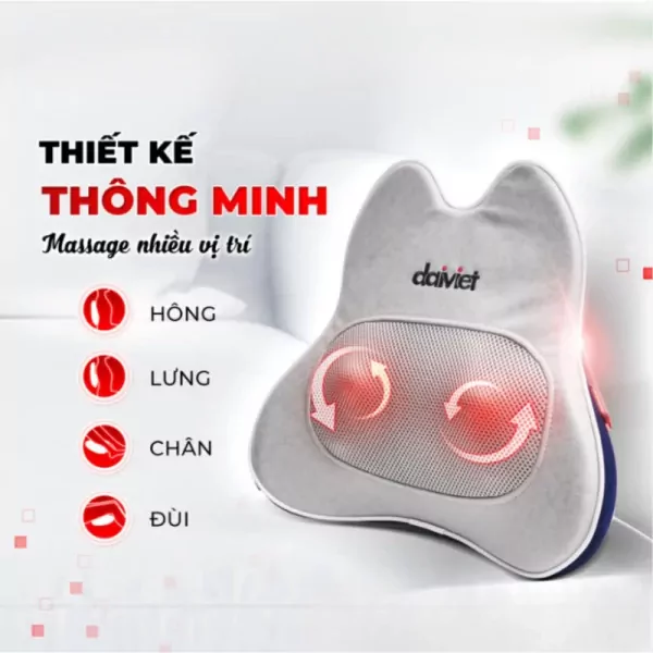 Grey back massager with "daiviet" logo, red heat circles, and Vietnamese text about massage points.
