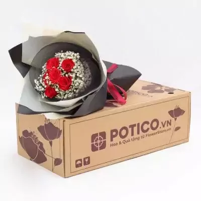 Red roses in a bouquet resting on a cardboard box with the Potico.vn logo.